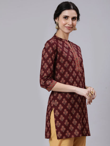 Women Burgundy Printed Straight Tunic With Three Quarter Sleeves | LASVINI - Redefining Indian Fashion with Elegance