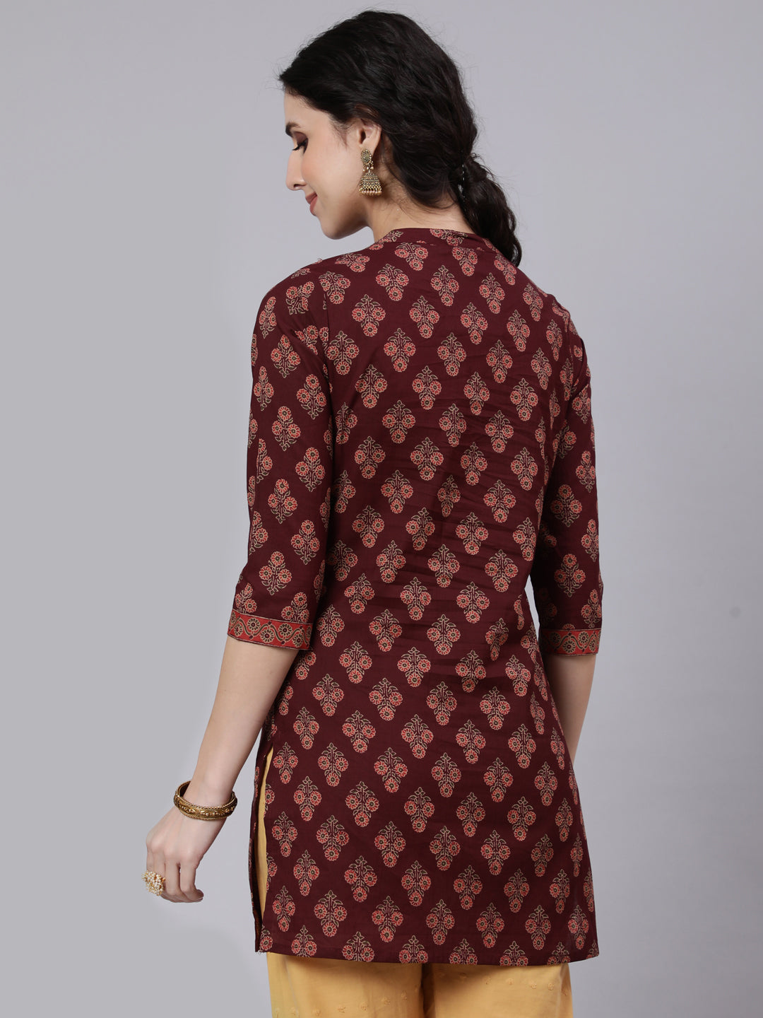 Women Burgundy Printed Straight Tunic With Three Quarter Sleeves | LASVINI - Redefining Indian Fashion with Elegance