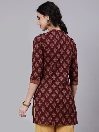 Women Burgundy Printed Straight Tunic With Three Quarter Sleeves | LASVINI - Redefining Indian Fashion with Elegance
