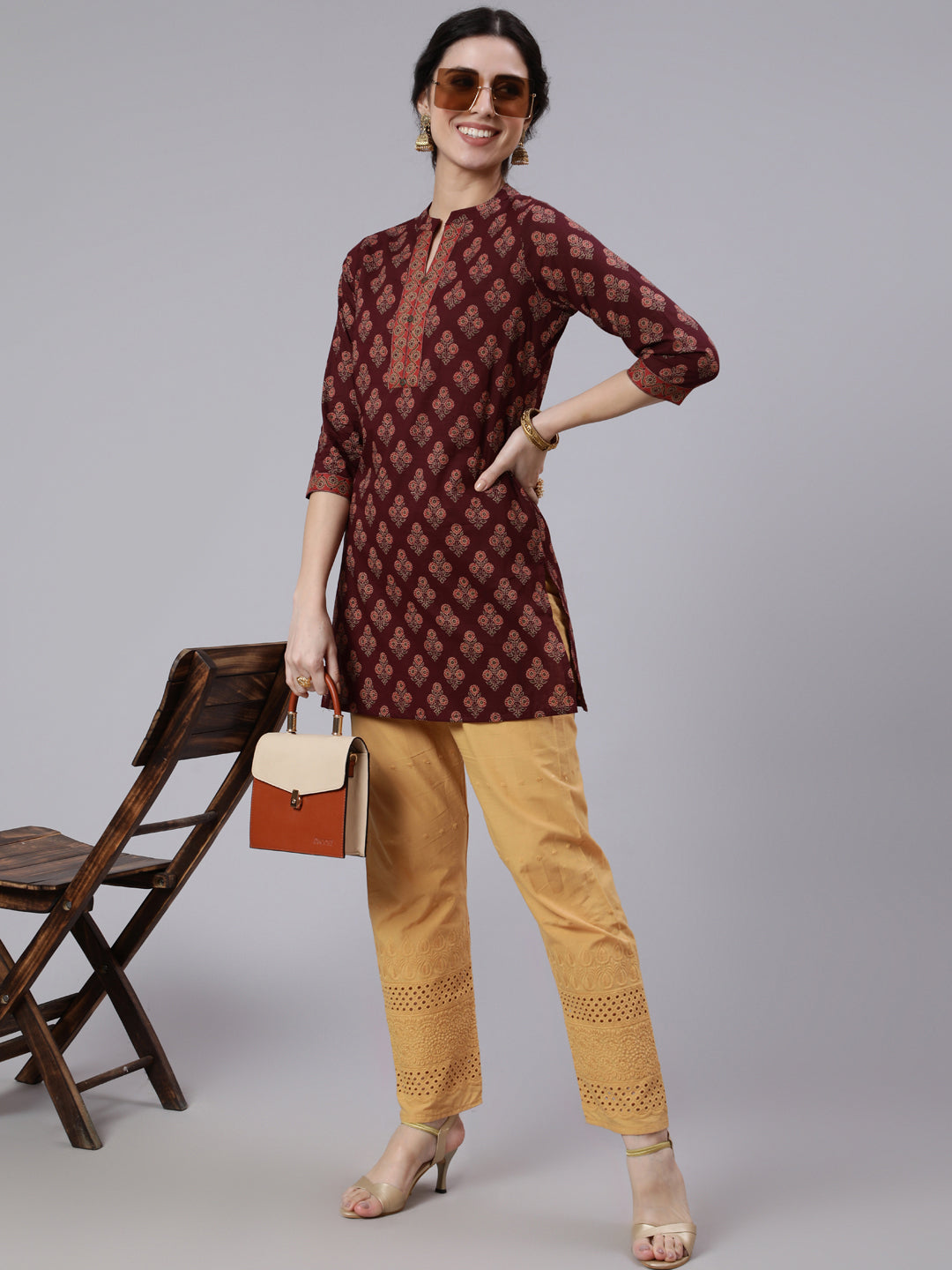 Women Burgundy Printed Straight Tunic With Three Quarter Sleeves | LASVINI - Redefining Indian Fashion with Elegance