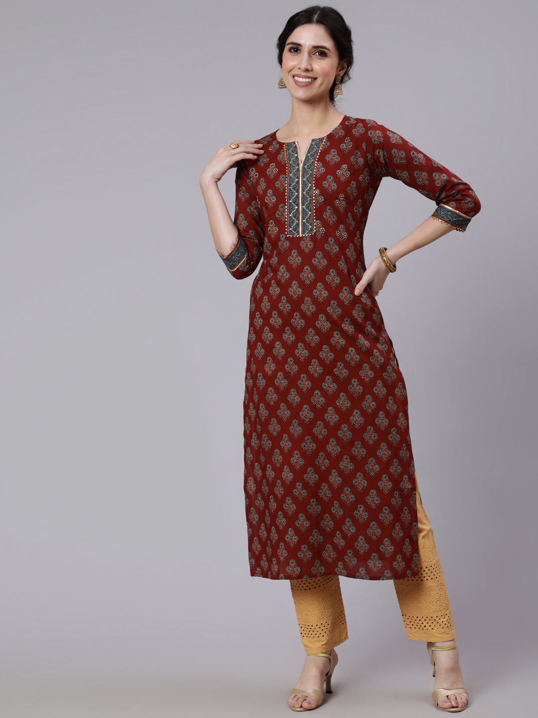 Women Maroon Printed Straight Kurta with Three Quarter Sleeves | LASVINI - Redefining Indian Fashion with Elegance