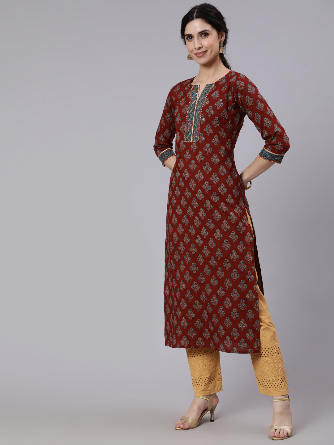 Women Maroon Printed Straight Kurta with Three Quarter Sleeves | LASVINI - Redefining Indian Fashion with Elegance