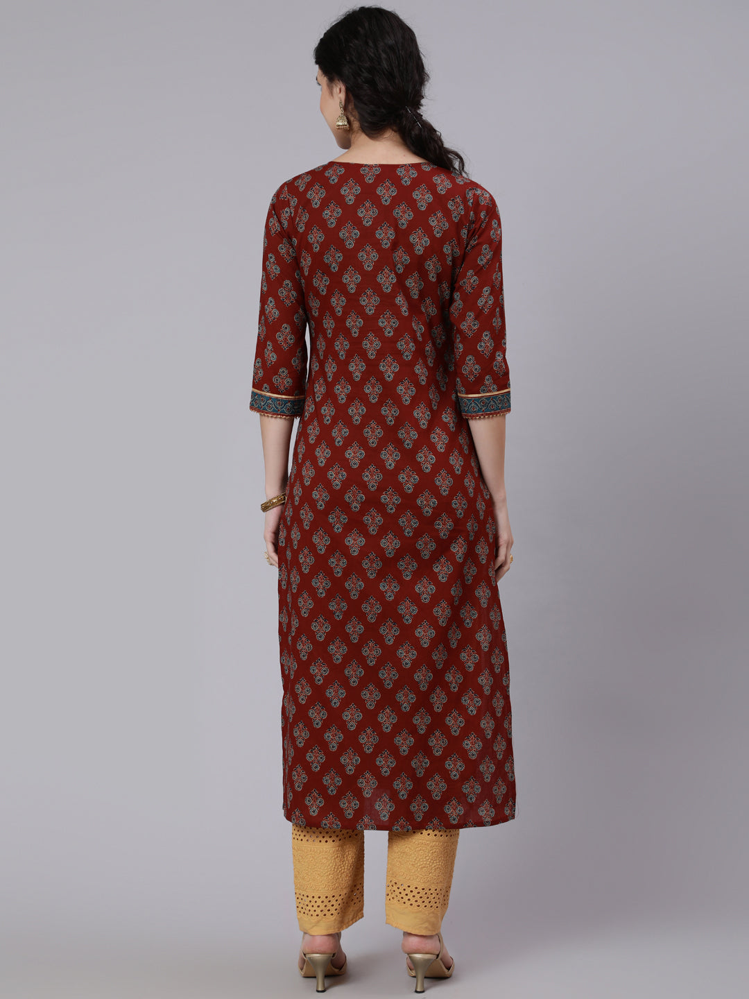 Women Maroon Printed Straight Kurta with Three Quarter Sleeves | LASVINI - Redefining Indian Fashion with Elegance