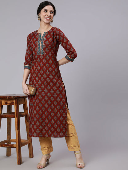 Women Maroon Printed Straight Kurta with Three Quarter Sleeves | LASVINI - Redefining Indian Fashion with Elegance