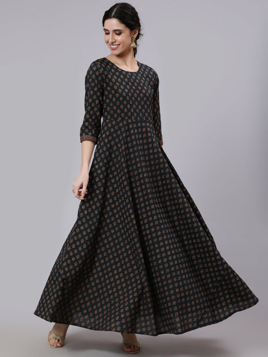 Women Green Ethnic Printed Flared Dress With Three Quarter Sleeves | LASVINI - Redefining Indian Fashion with Elegance