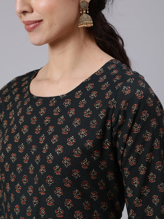 Women Green Ethnic Printed Flared Dress With Three Quarter Sleeves | LASVINI - Redefining Indian Fashion with Elegance