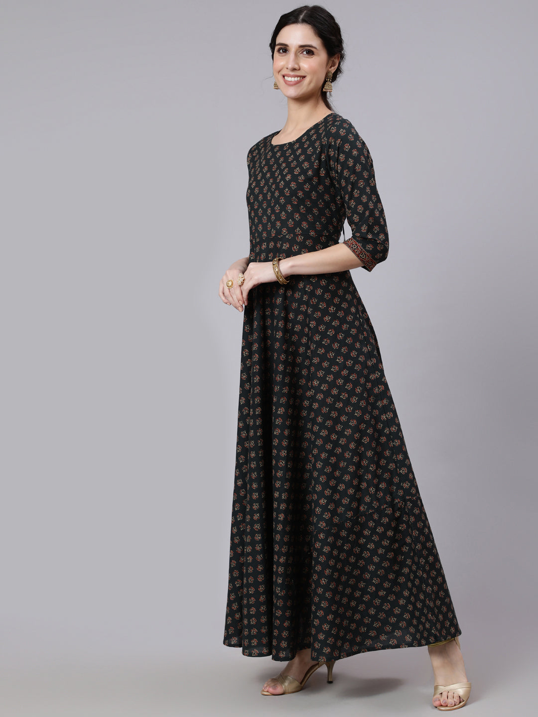 Women Green Ethnic Printed Flared Dress With Three Quarter Sleeves | LASVINI - Redefining Indian Fashion with Elegance