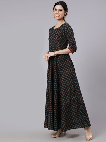 Women Green Ethnic Printed Flared Dress With Three Quarter Sleeves | LASVINI - Redefining Indian Fashion with Elegance