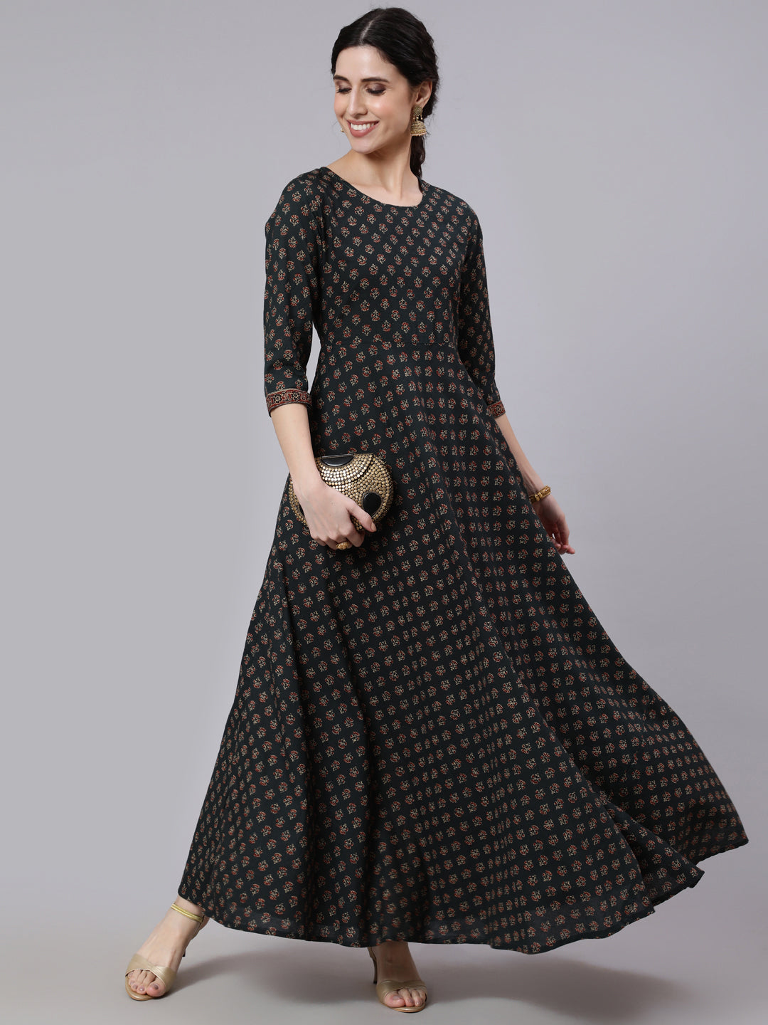 Women Green Ethnic Printed Flared Dress With Three Quarter Sleeves | LASVINI - Redefining Indian Fashion with Elegance