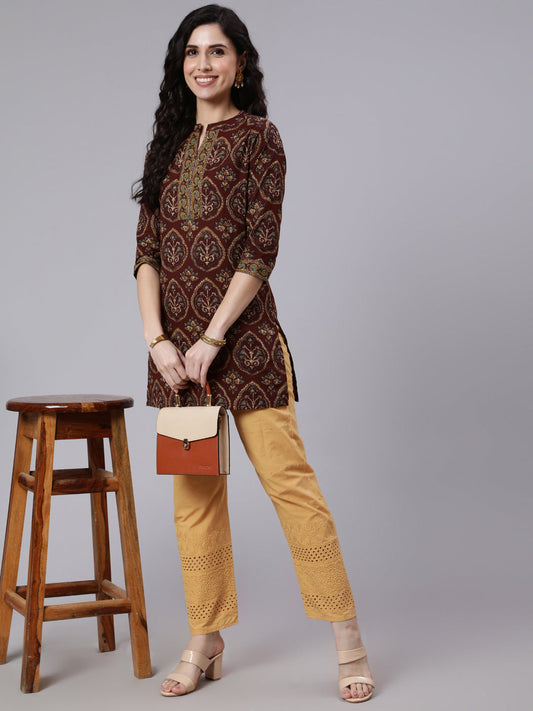 Women Brown Ethnic Printed Straight Tunic With Three Quarter Sleeves | LASVINI - Redefining Indian Fashion with Elegance