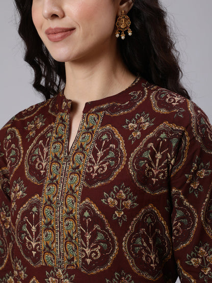 Women Brown Ethnic Printed Straight Tunic With Three Quarter Sleeves | LASVINI - Redefining Indian Fashion with Elegance