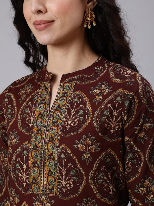 Women Brown Ethnic Printed Straight Tunic With Three Quarter Sleeves | LASVINI - Redefining Indian Fashion with Elegance
