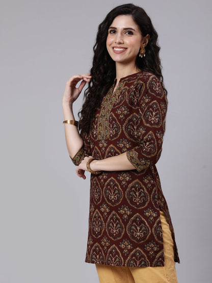 Women Brown Ethnic Printed Straight Tunic With Three Quarter Sleeves | LASVINI - Redefining Indian Fashion with Elegance