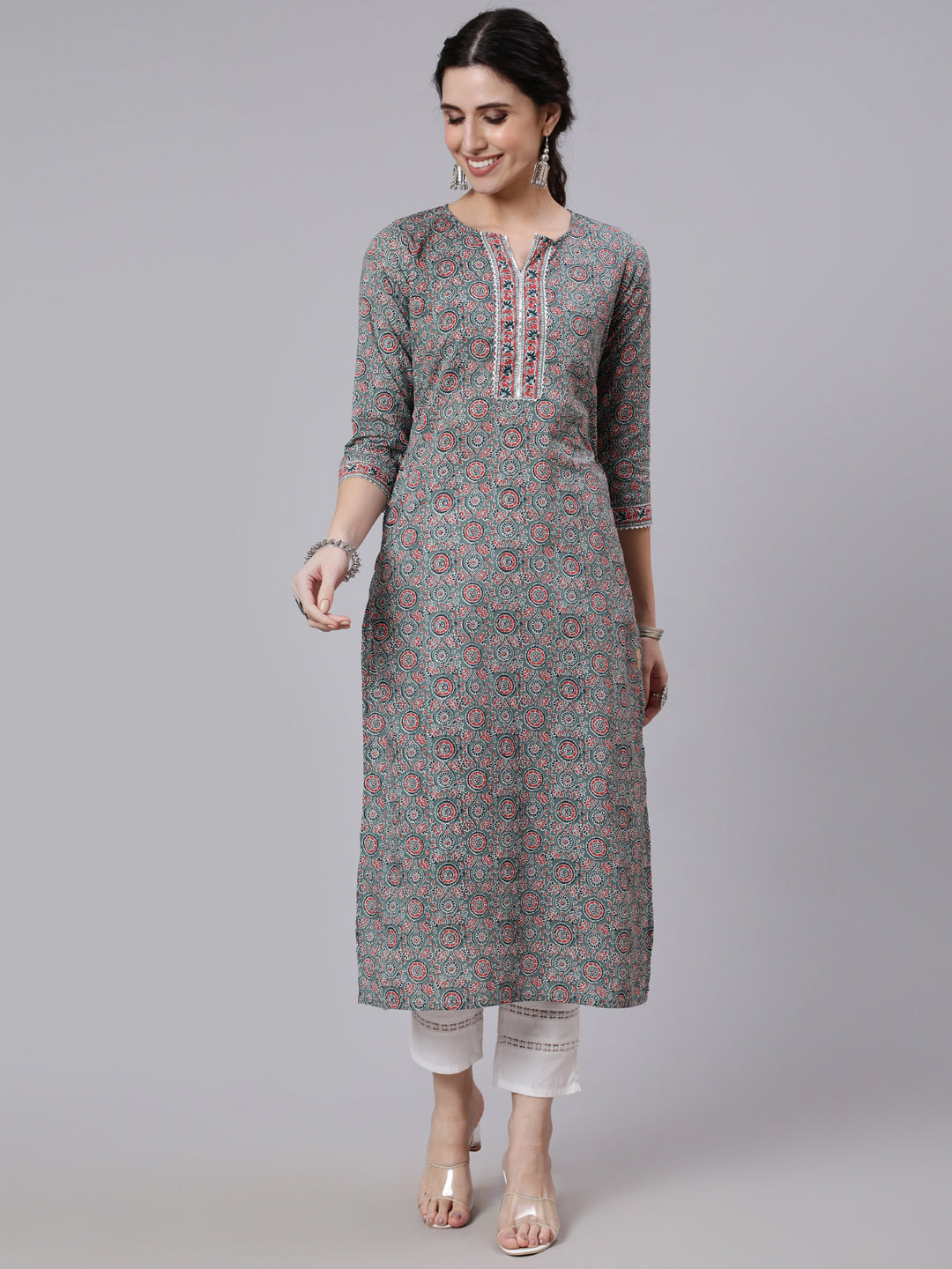 Women Grey Ethnic Printed Straight Kurta With Three Quarter Sleeves | LASVINI - Redefining Indian Fashion with Elegance