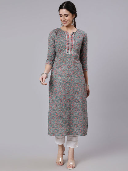 Women Grey Ethnic Printed Straight Kurta With Three Quarter Sleeves | LASVINI - Redefining Indian Fashion with Elegance