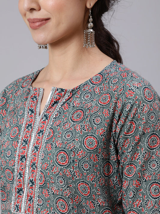 Women Grey Ethnic Printed Straight Kurta With Three Quarter Sleeves | LASVINI - Redefining Indian Fashion with Elegance