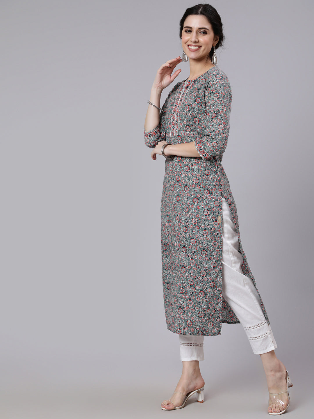 Women Grey Ethnic Printed Straight Kurta With Three Quarter Sleeves | LASVINI - Redefining Indian Fashion with Elegance
