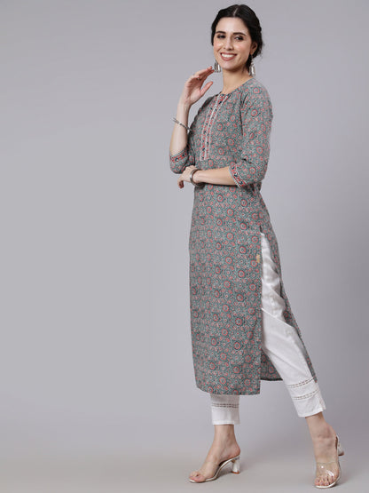 Women Grey Ethnic Printed Straight Kurta With Three Quarter Sleeves | LASVINI - Redefining Indian Fashion with Elegance