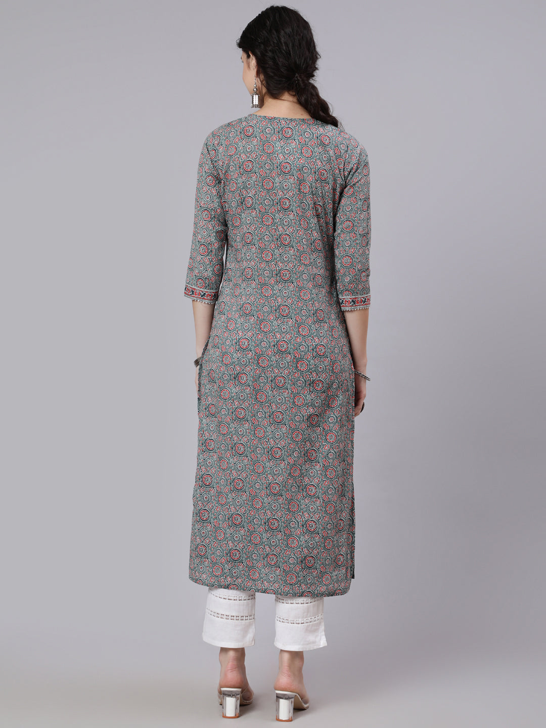 Women Grey Ethnic Printed Straight Kurta With Three Quarter Sleeves | LASVINI - Redefining Indian Fashion with Elegance