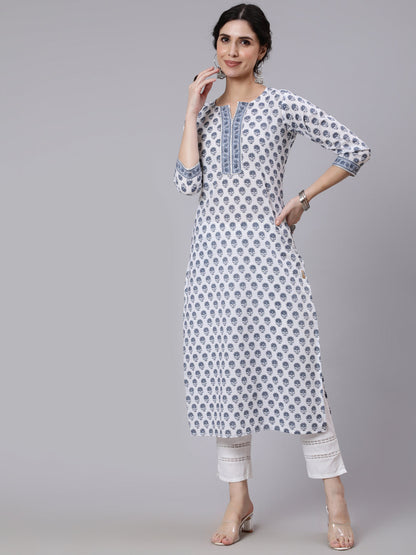 Women Off-White Printed Straight Kurta With Three Quarter Sleeves | LASVINI - Redefining Indian Fashion with Elegance