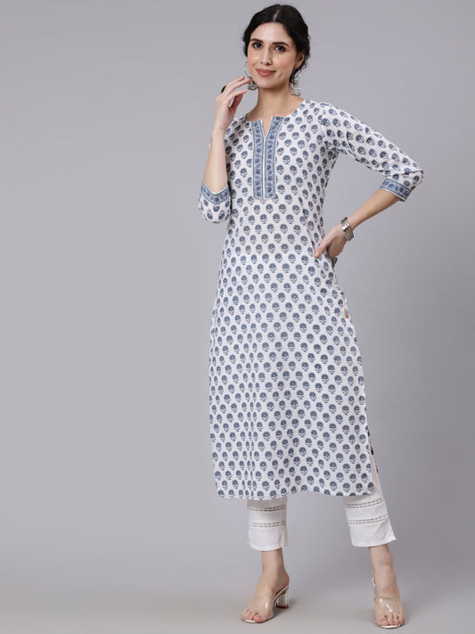 Women Off-White Printed Straight Kurta With Three Quarter Sleeves | LASVINI - Redefining Indian Fashion with Elegance