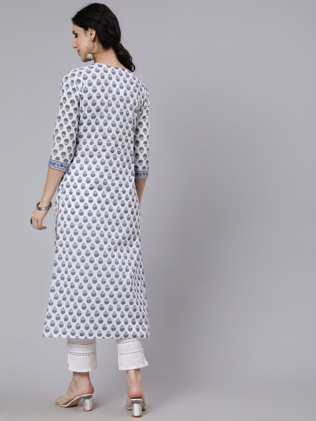 Women Off-White Printed Straight Kurta With Three Quarter Sleeves | LASVINI - Redefining Indian Fashion with Elegance