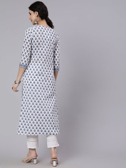Women Off-White Printed Straight Kurta With Three Quarter Sleeves | LASVINI - Redefining Indian Fashion with Elegance