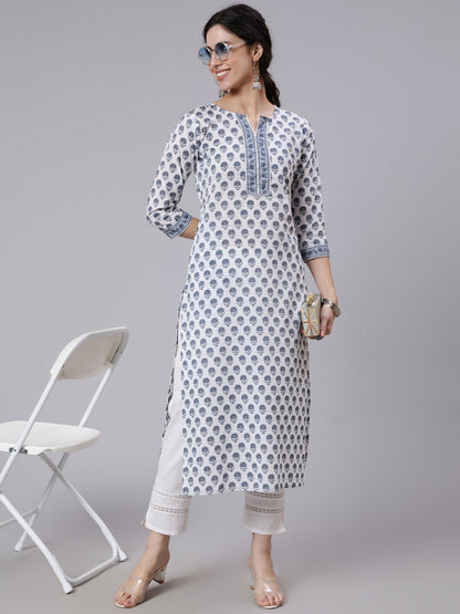 Women Off-White Printed Straight Kurta With Three Quarter Sleeves | LASVINI - Redefining Indian Fashion with Elegance