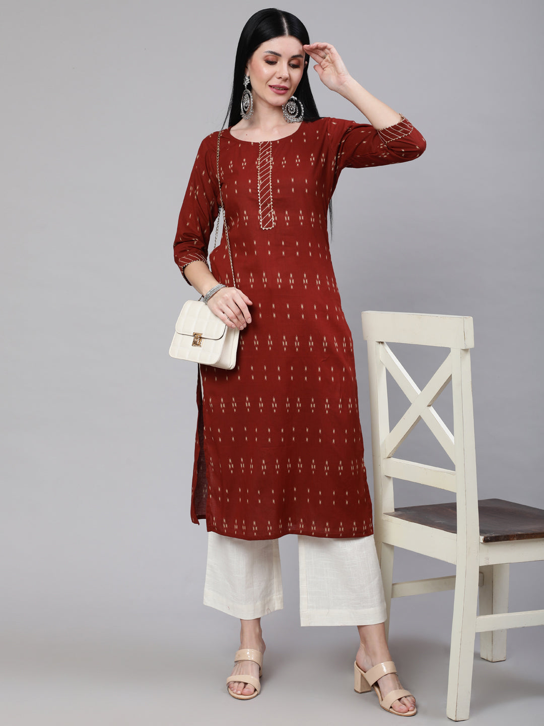 Women Maroon Ethnic Printed Straight Kurta With Three Quarter Sleeves | LASVINI - Redefining Indian Fashion with Elegance