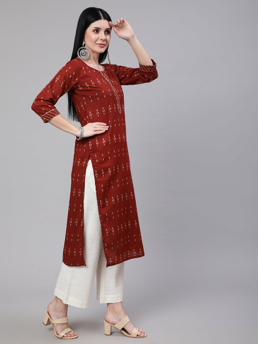 Women Maroon Ethnic Printed Straight Kurta With Three Quarter Sleeves | LASVINI - Redefining Indian Fashion with Elegance