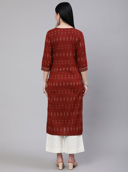 Women Maroon Ethnic Printed Straight Kurta With Three Quarter Sleeves | LASVINI - Redefining Indian Fashion with Elegance