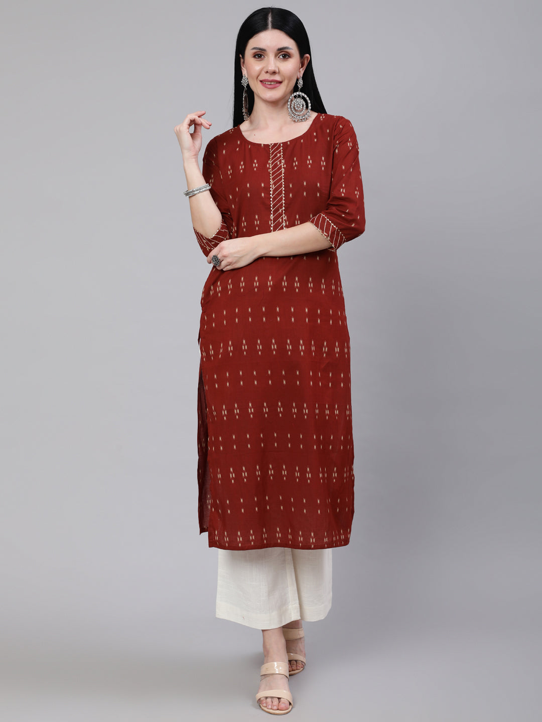 Women Maroon Ethnic Printed Straight Kurta With Three Quarter Sleeves | LASVINI - Redefining Indian Fashion with Elegance