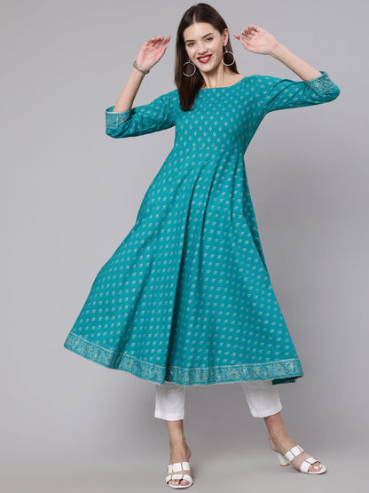 Women Green Ethnic Printed Dress With Three Quarter Sleeves | LASVINI - Redefining Indian Fashion with Elegance