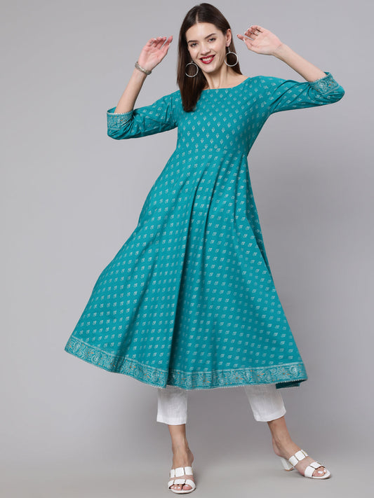 Women Green Ethnic Printed Dress With Three Quarter Sleeves | LASVINI - Redefining Indian Fashion with Elegance