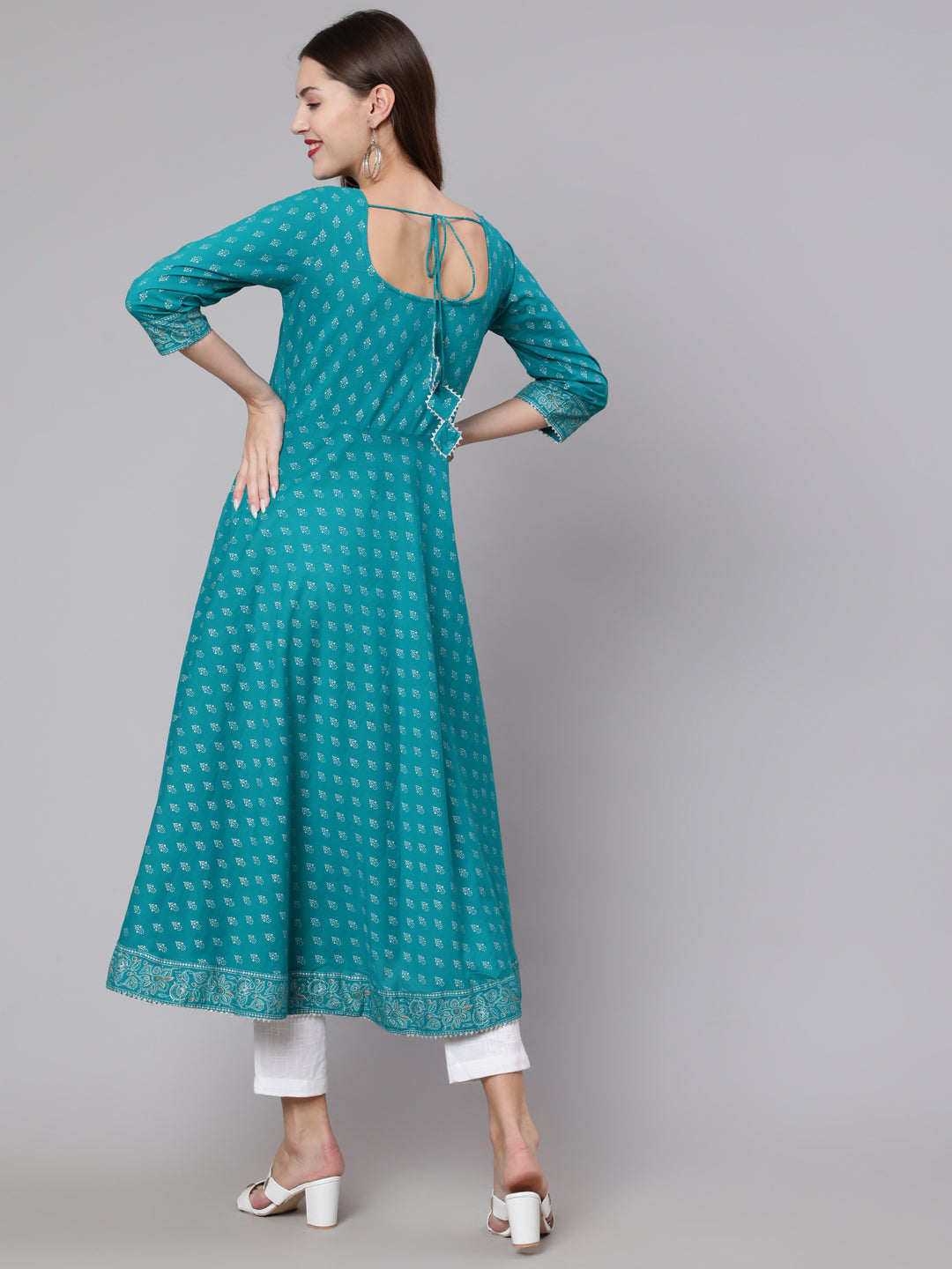 Women Green Ethnic Printed Dress With Three Quarter Sleeves | LASVINI - Redefining Indian Fashion with Elegance