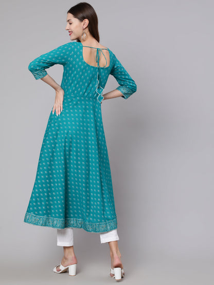 Women Green Ethnic Printed Dress With Three Quarter Sleeves | LASVINI - Redefining Indian Fashion with Elegance