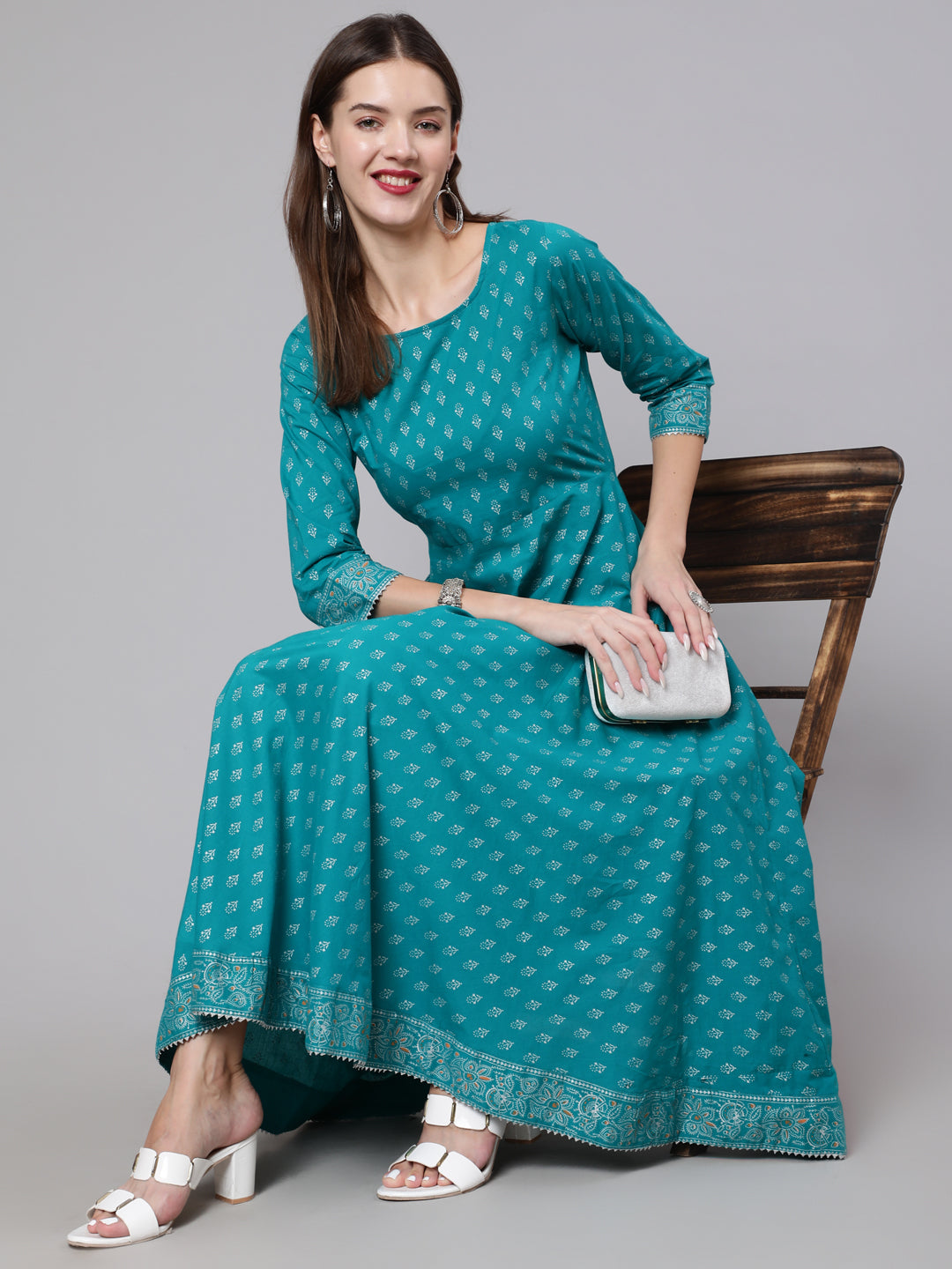 Women Green Ethnic Printed Dress With Three Quarter Sleeves | LASVINI - Redefining Indian Fashion with Elegance