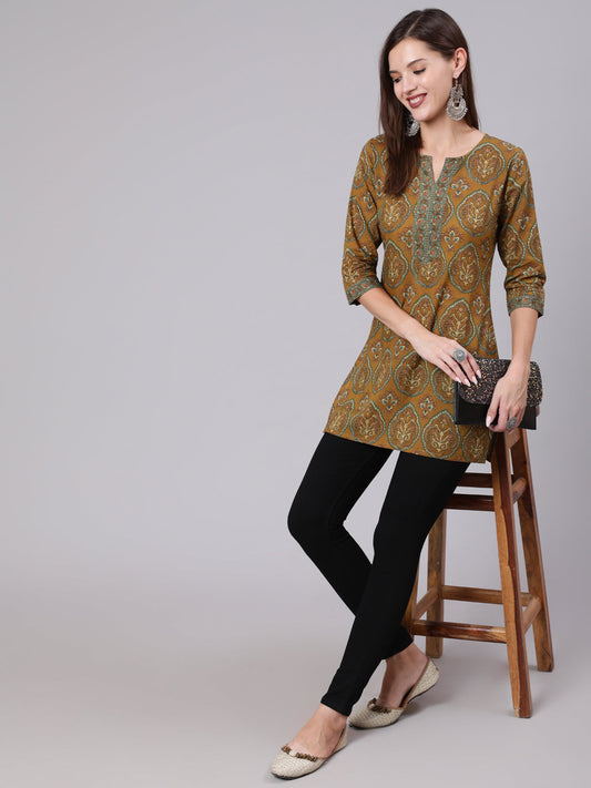 Women Green Ethnic Printed Straight Tunic With Three Quarter Sleeves | LASVINI - Redefining Indian Fashion with Elegance