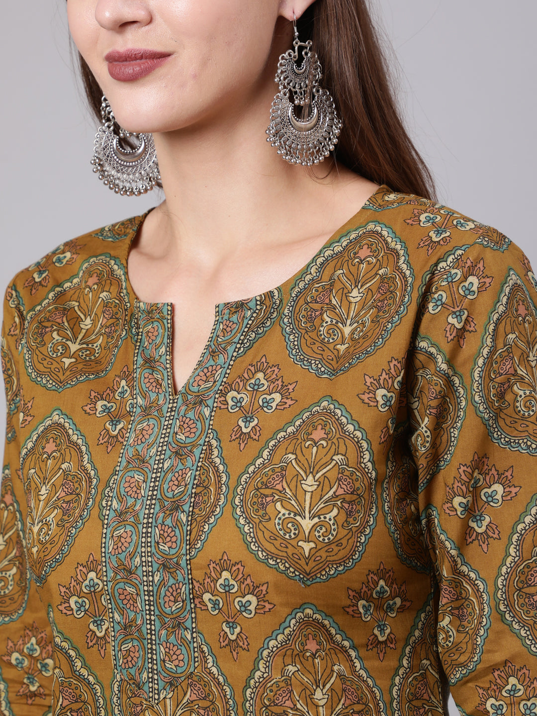 Women Green Ethnic Printed Straight Tunic With Three Quarter Sleeves | LASVINI - Redefining Indian Fashion with Elegance