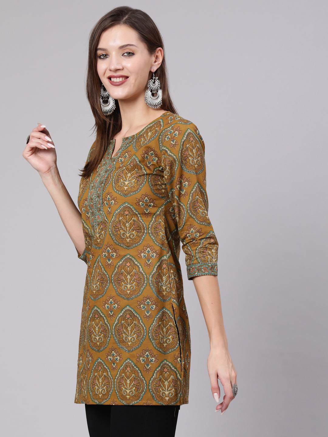 Women Green Ethnic Printed Straight Tunic With Three Quarter Sleeves | LASVINI - Redefining Indian Fashion with Elegance