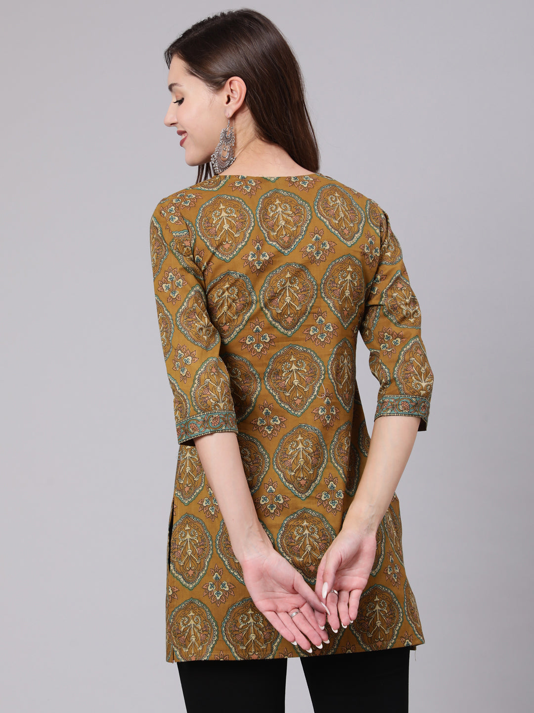Women Green Ethnic Printed Straight Tunic With Three Quarter Sleeves | LASVINI - Redefining Indian Fashion with Elegance