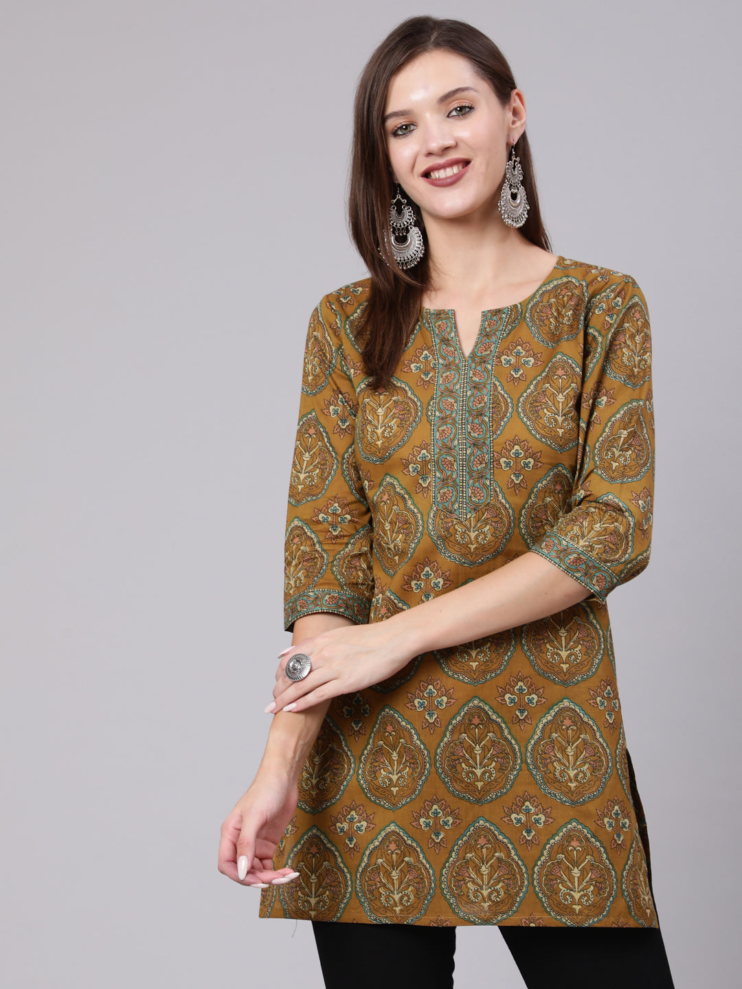 Women Green Ethnic Printed Straight Tunic With Three Quarter Sleeves | LASVINI - Redefining Indian Fashion with Elegance
