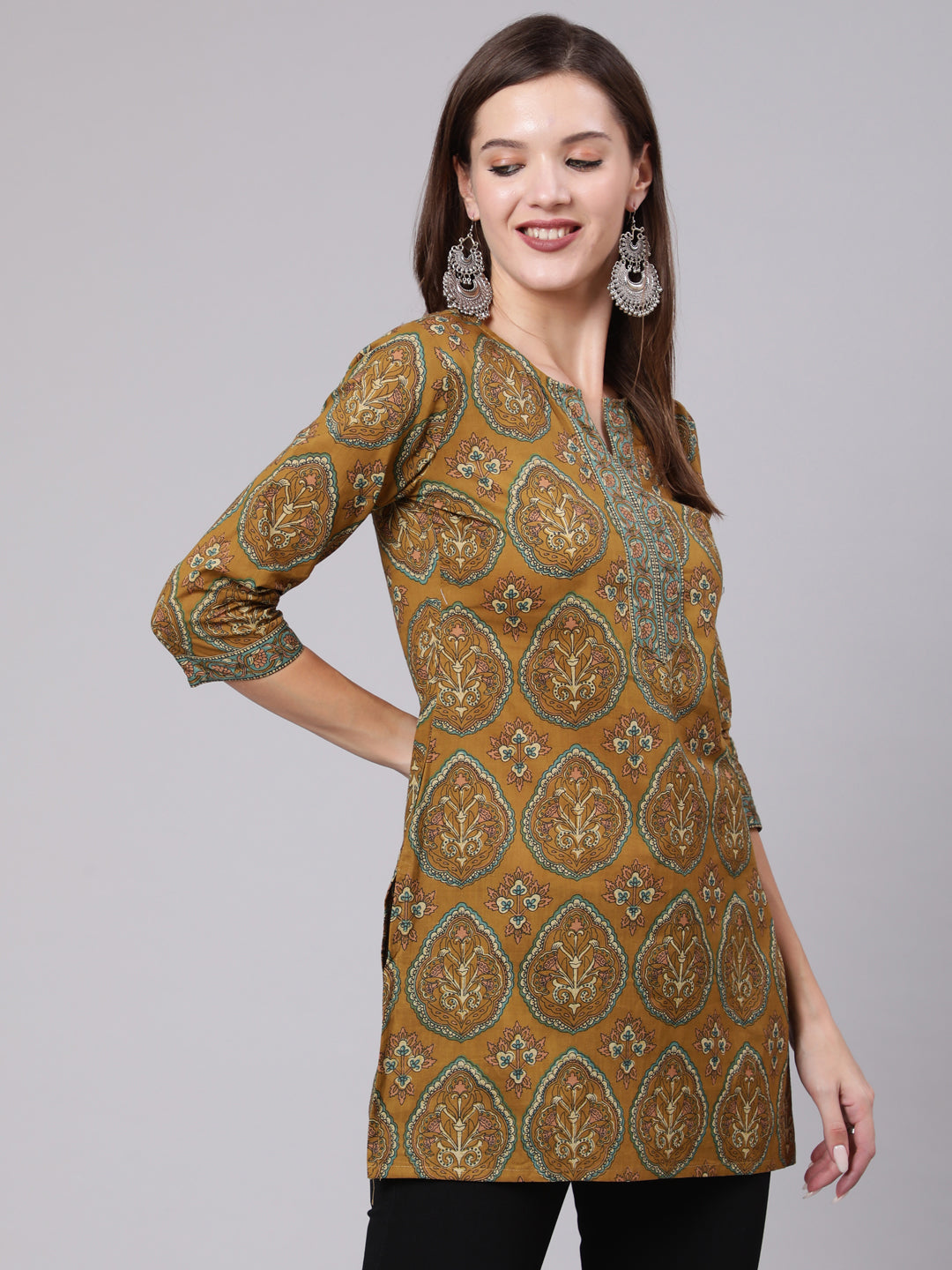 Women Green Ethnic Printed Straight Tunic With Three Quarter Sleeves | LASVINI - Redefining Indian Fashion with Elegance