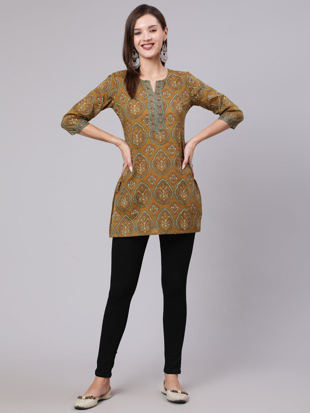 Women Green Ethnic Printed Straight Tunic With Three Quarter Sleeves | LASVINI - Redefining Indian Fashion with Elegance