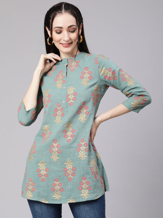 Women Green Ethnic Printed Straight Tunic With Three Quarter Sleeves | LASVINI - Redefining Indian Fashion with Elegance