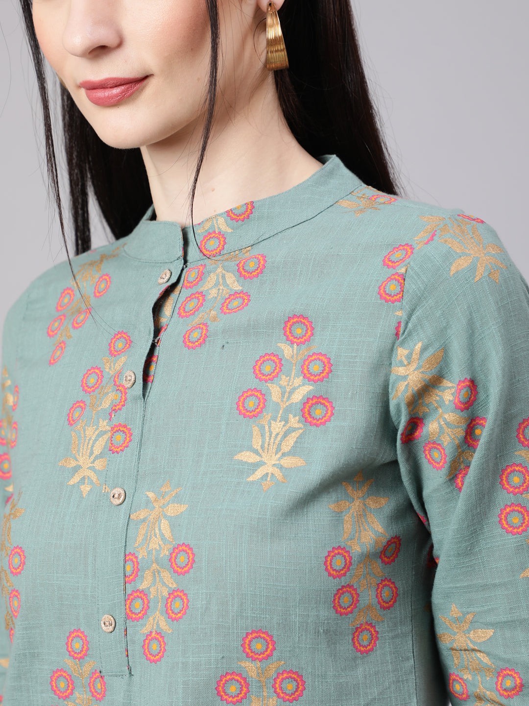 Women Green Ethnic Printed Straight Tunic With Three Quarter Sleeves | LASVINI - Redefining Indian Fashion with Elegance