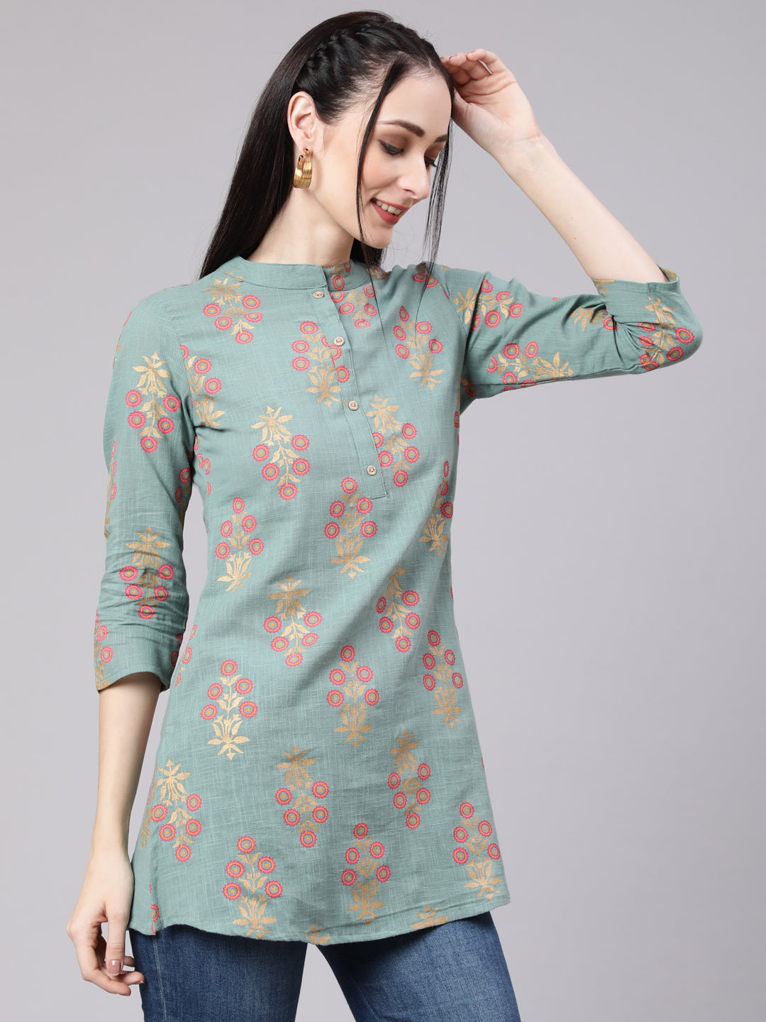 Women Green Ethnic Printed Straight Tunic With Three Quarter Sleeves | LASVINI - Redefining Indian Fashion with Elegance