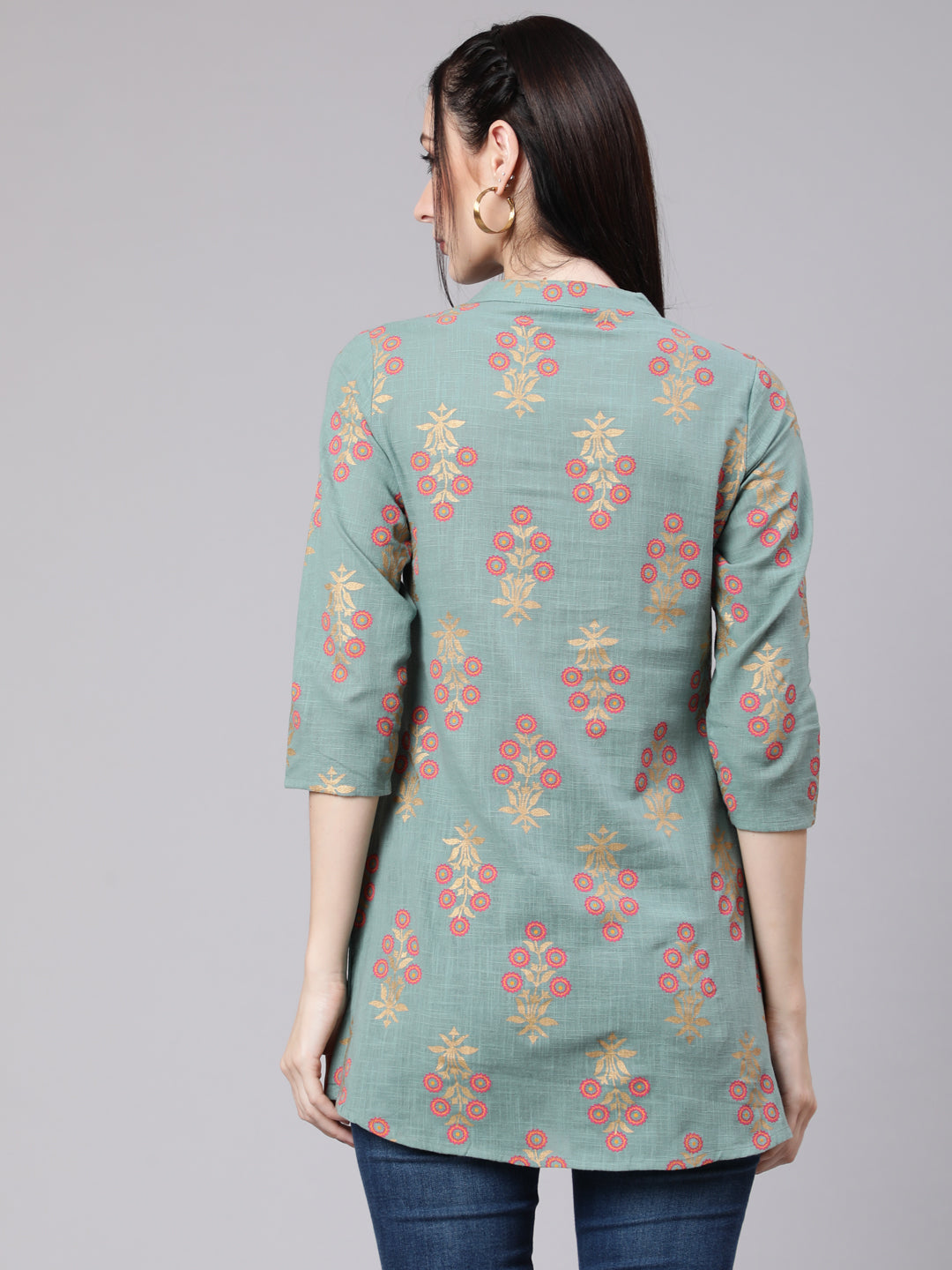 Women Green Ethnic Printed Straight Tunic With Three Quarter Sleeves | LASVINI - Redefining Indian Fashion with Elegance