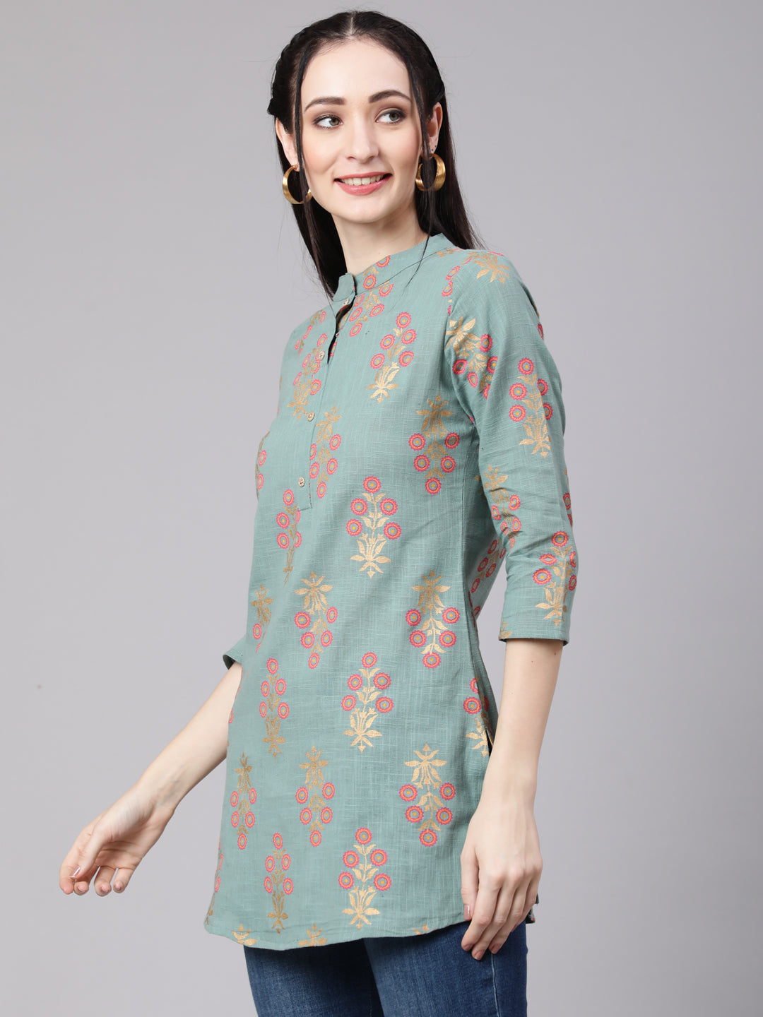 Women Green Ethnic Printed Straight Tunic With Three Quarter Sleeves | LASVINI - Redefining Indian Fashion with Elegance