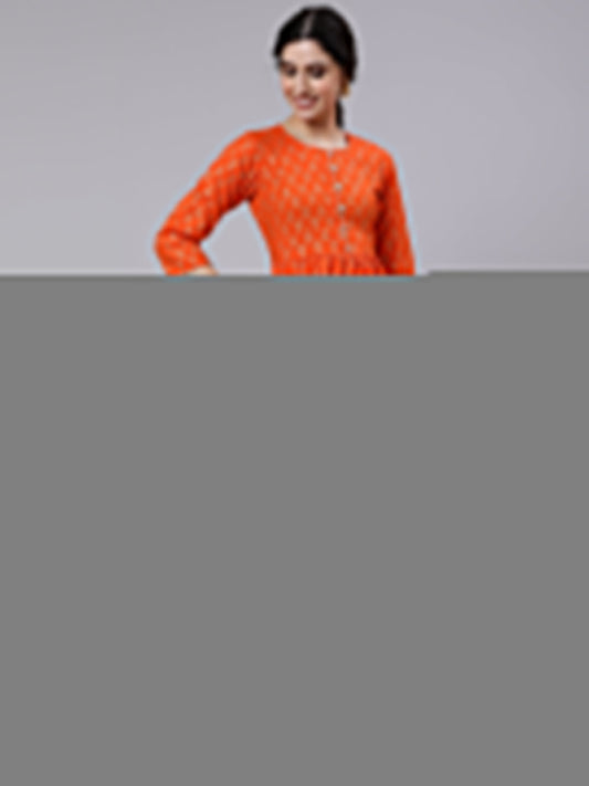 Women Orange Ethnic Printed Gratherd Dress | LASVINI - Redefining Indian Fashion with Elegance